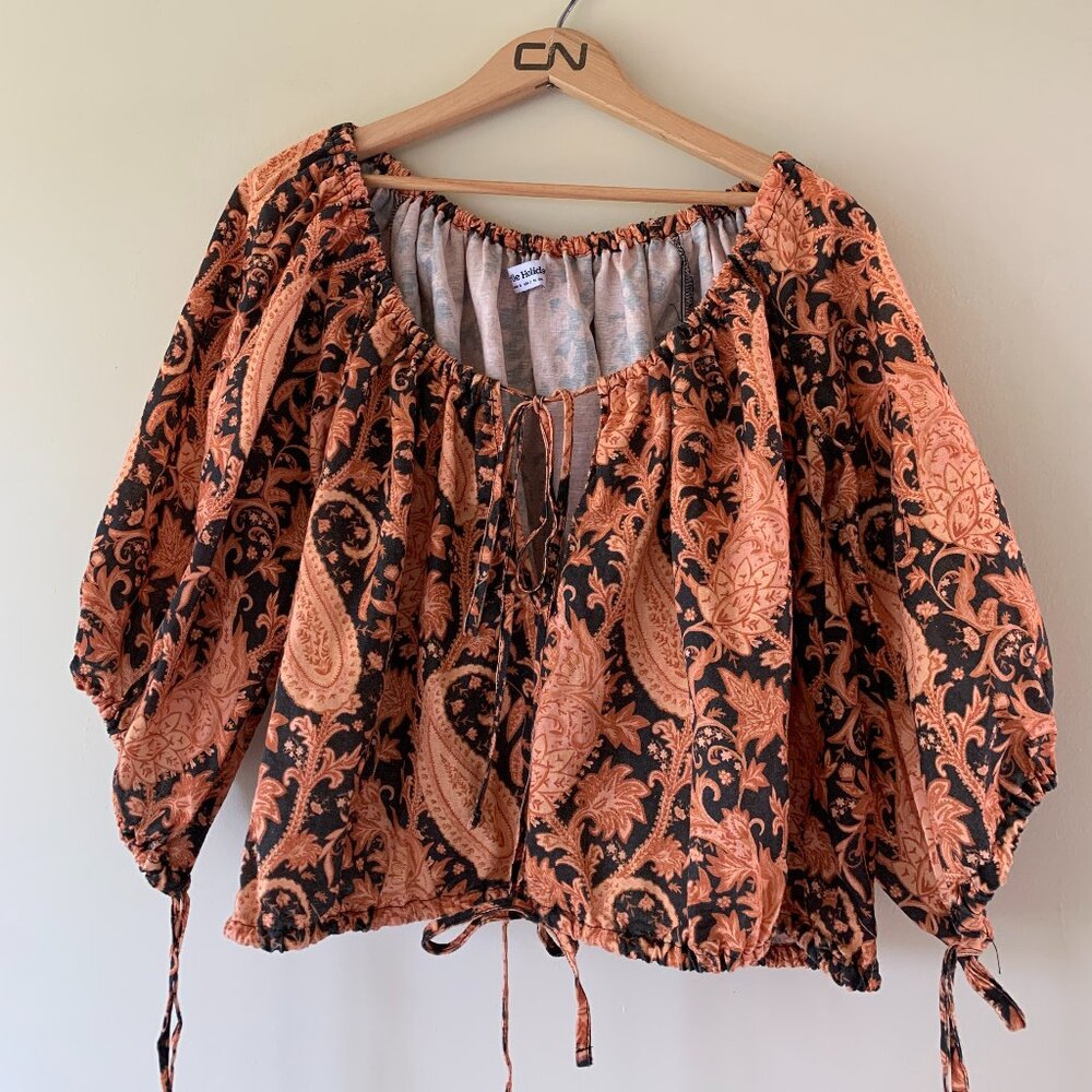 Charlie Holiday Linen Cotton Blend Top - Adjustable Boho Shirt Size 2